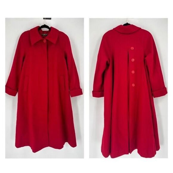 Vintage 80s Komitor Women's Wool‎ Blend Back Buttons Longline Coat Red Large/XL - Picture 1 of 15